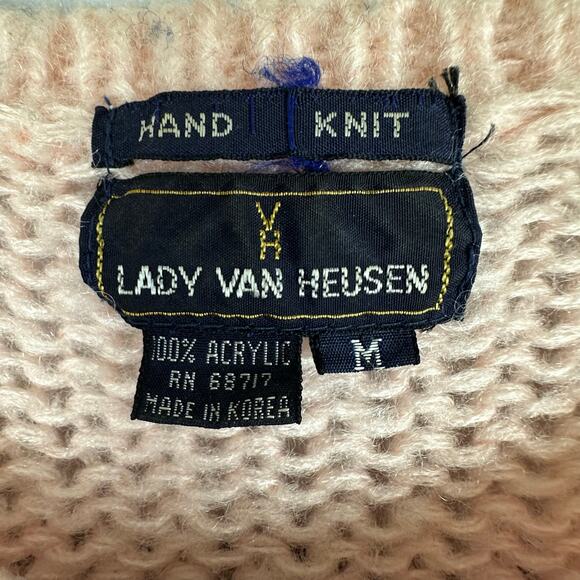 Women VTG Lady Van Heusen Pink Pastel Acrylic Hand Knit Sweater Cottage Granny M - Picture 4 of 5